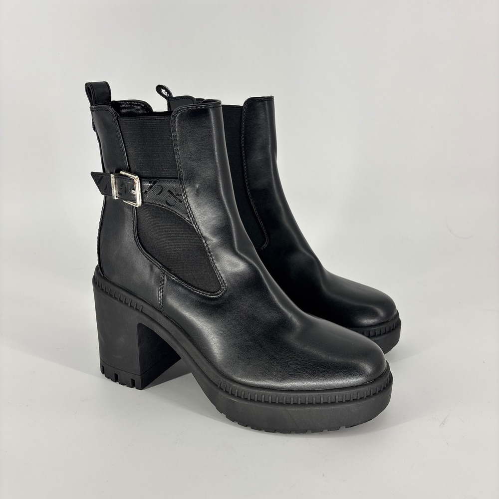 Calvin Klein Fayth 2 Ankle Boot Black Women Size 9 Block Heel Lug Sole Buckle